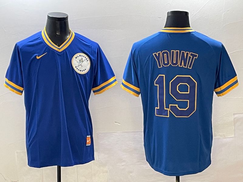 Men Milwaukee Brewers #19 Yount Blue Throwback Game 2025 Nike MLB Jersey style 1